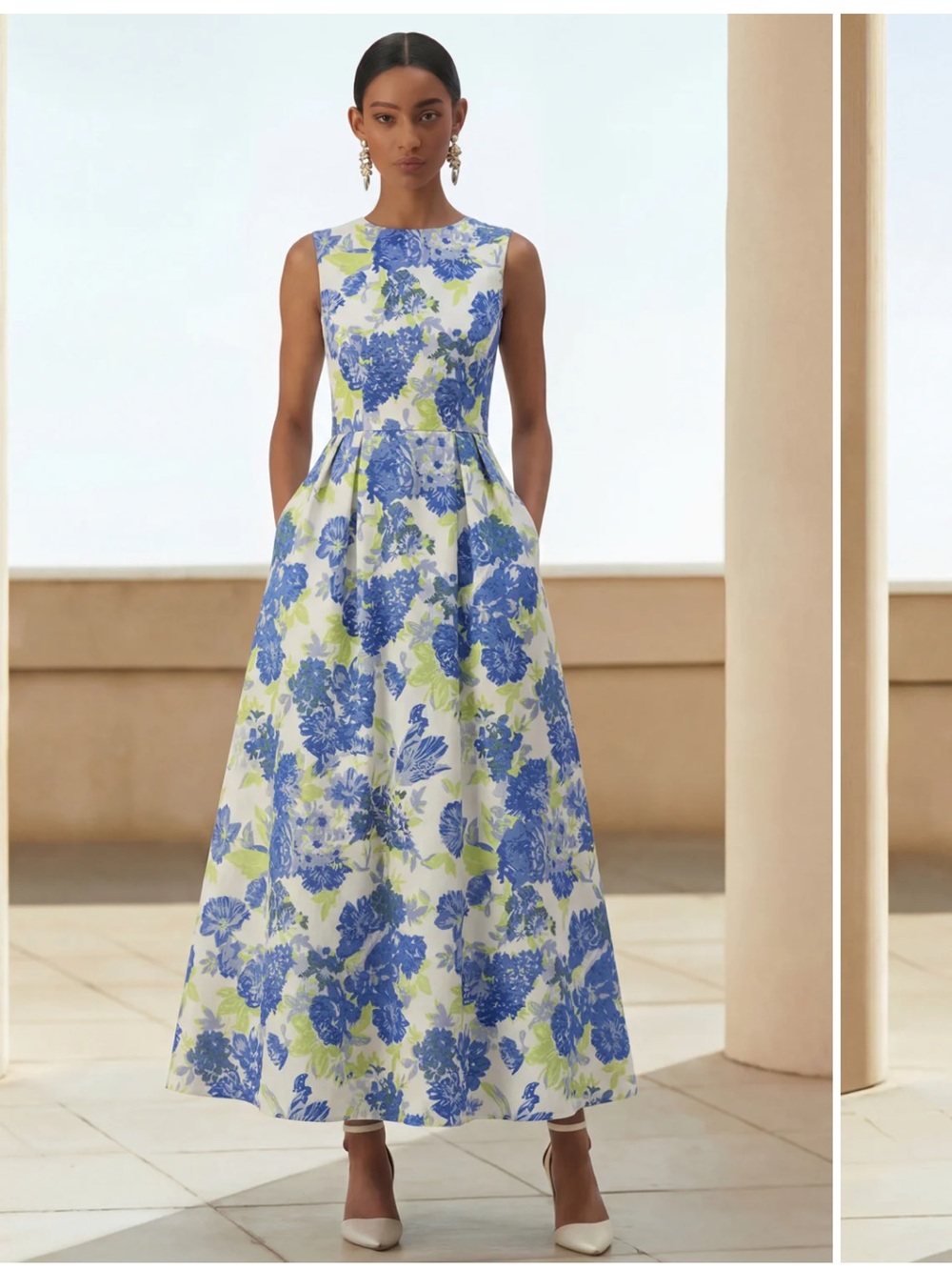 Sleeveless Blue Floral Maxi Dress with Lime Leaf Accents